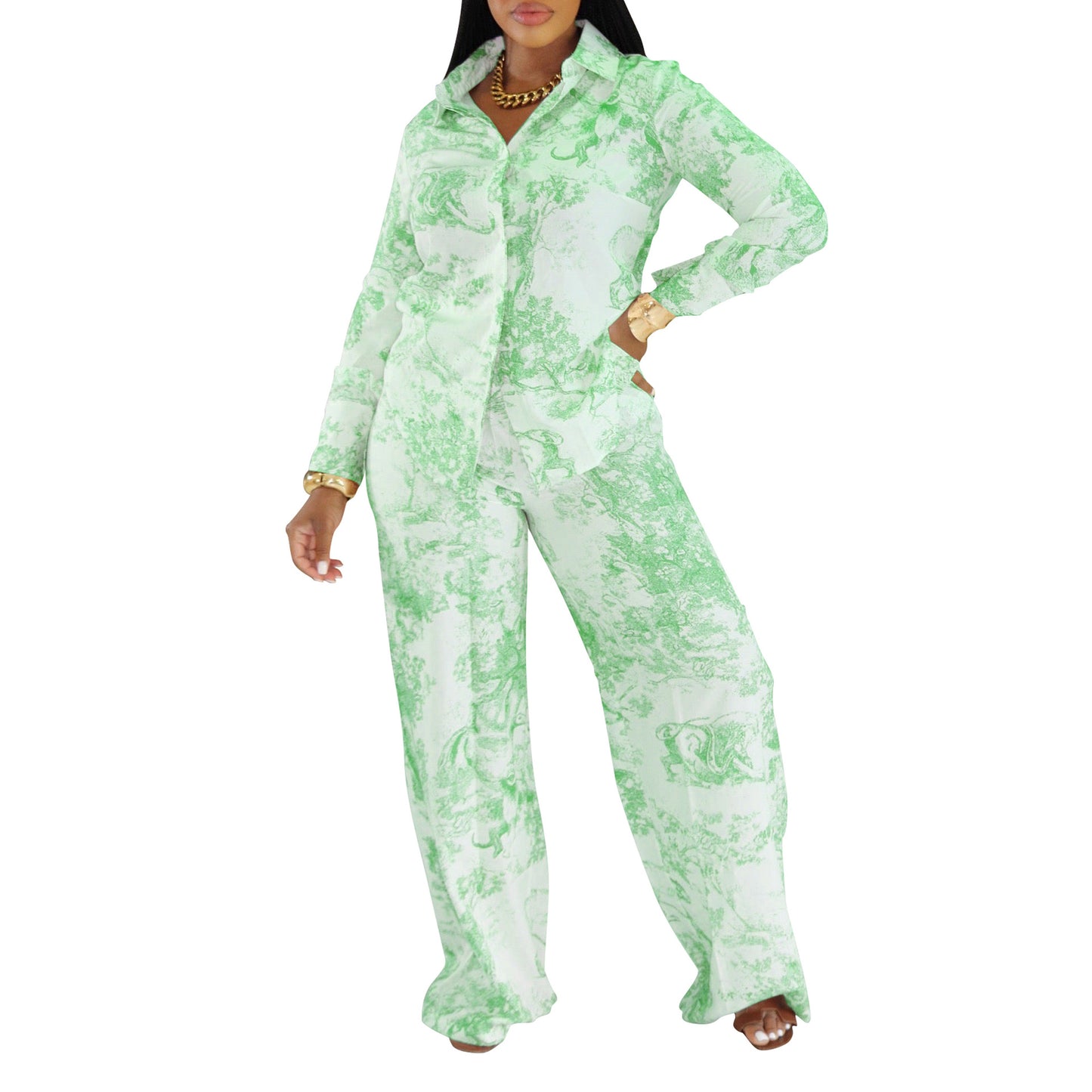 Women's Fashion Casual Long-sleeved Shirt Trousers Two-piece Suits