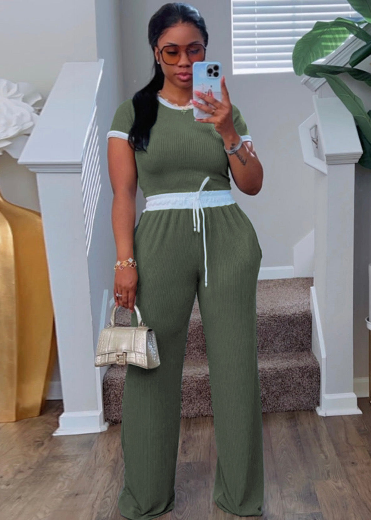 Women's Casual Daily Rib Contrast Color Round Neck Suits
