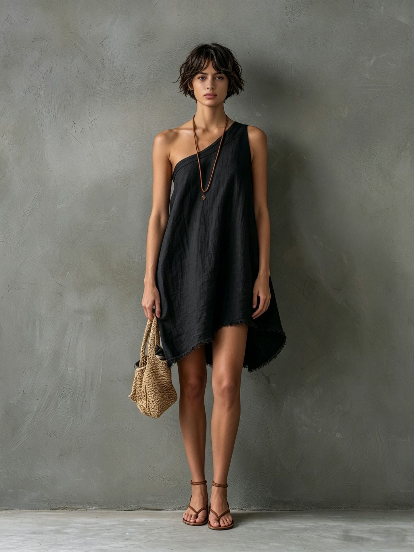 Women's Minimalist Linen Blend Shoulder Sleeveless Frayed Dress