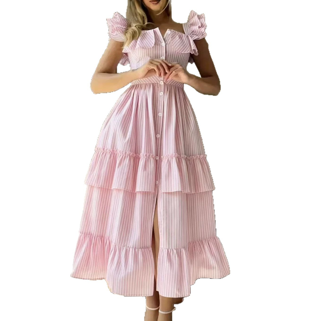Flying Sleeves Striped Ruffled Long Summer Casual Dress
