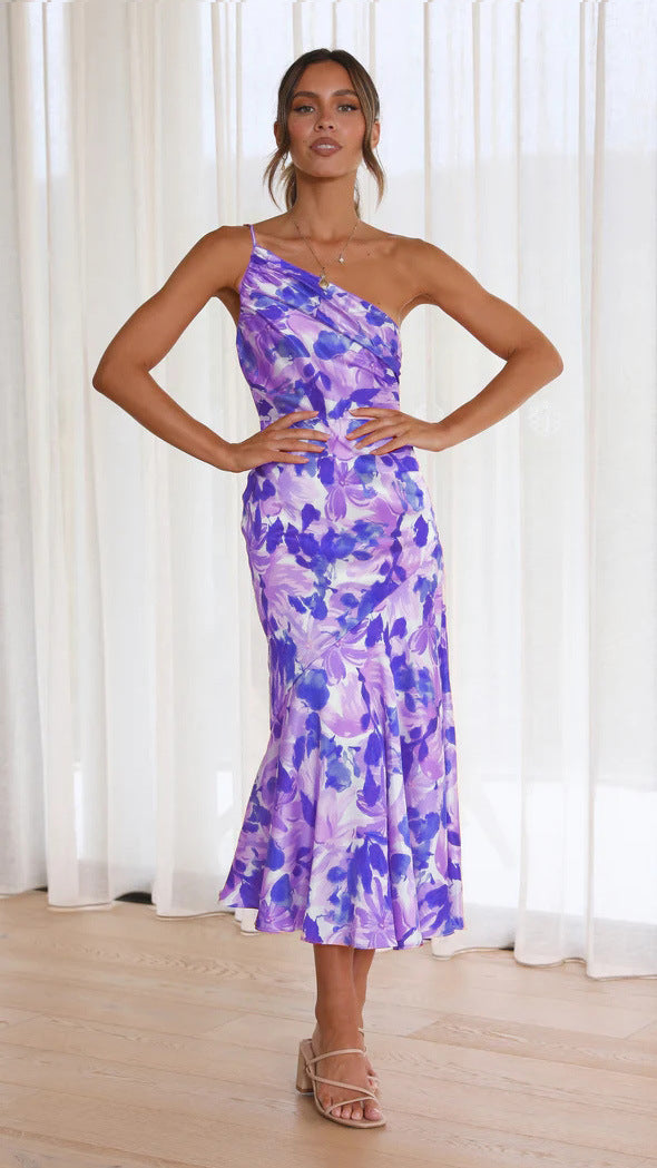 Temperament Diagonal Collar Strap Fishtail Printed Dresses