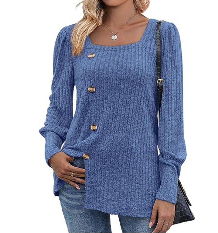 Women's Sunken Stripe Square Collar Bubble Long Sleeve Split Sweater