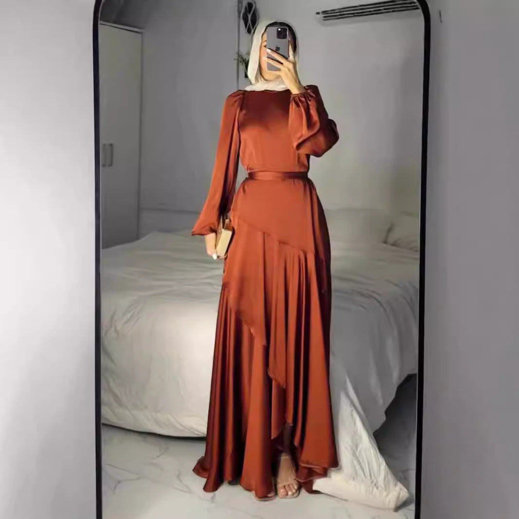 Women's Wear Satin Pure Color Ruffles Large Dresses