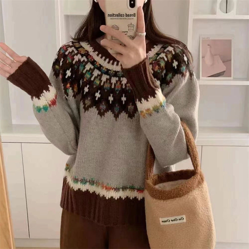 Women's Idle Style Contrast Color Jacquard Long Sleeve Loose Soft Sweaters