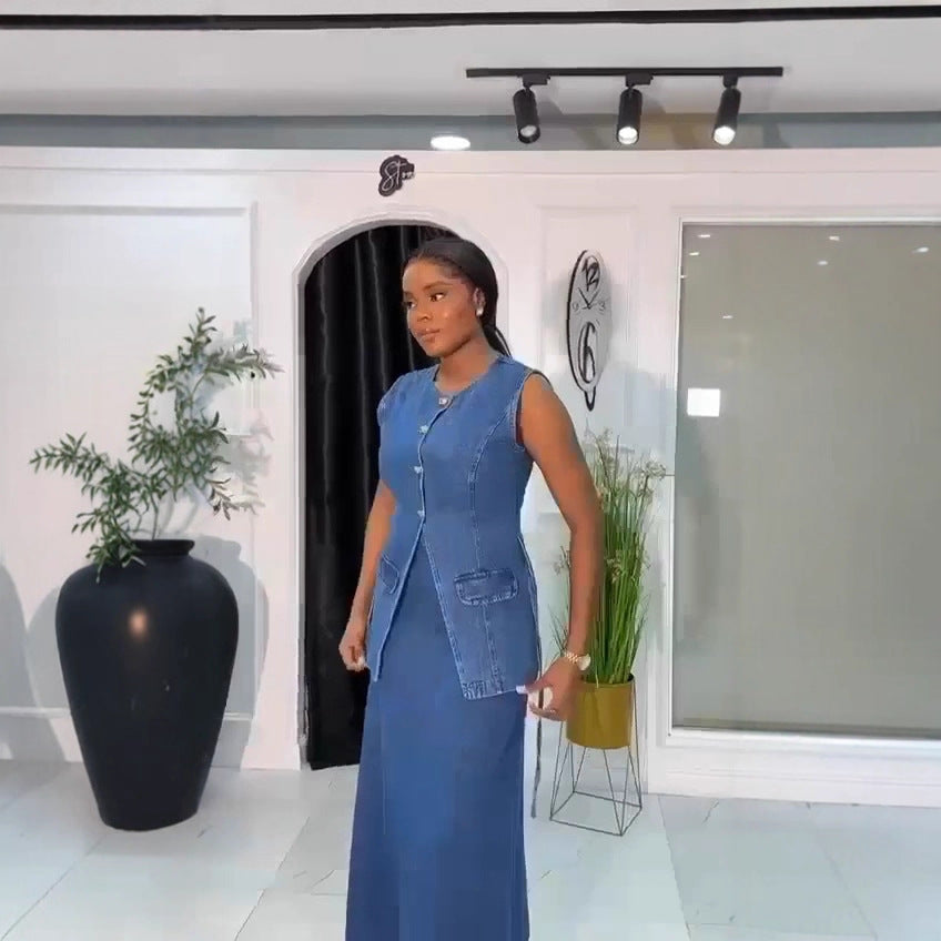 Women's Fashion Wear Denim Sleeveless Button Pocket Suits