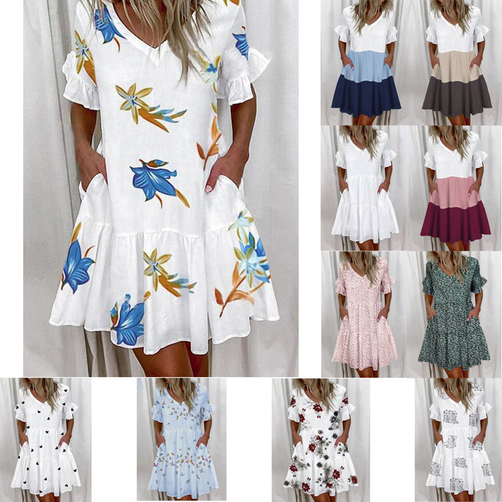 Women's Summer Loose Print Ruffled Pocket Sleeve Shorts