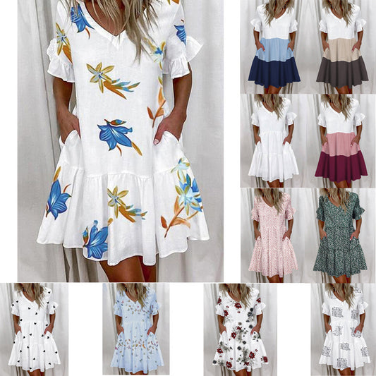 Women's Summer Loose Print Ruffled Pocket Sleeve Shorts
