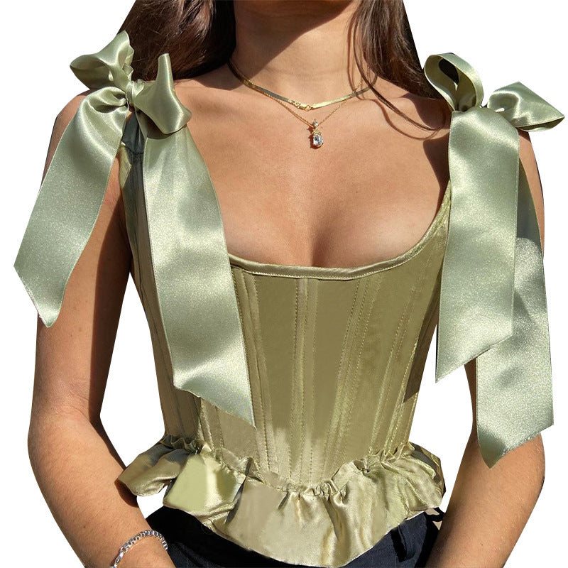 Women's Summer Fashion Green Ruffled Silk Waist Blouses