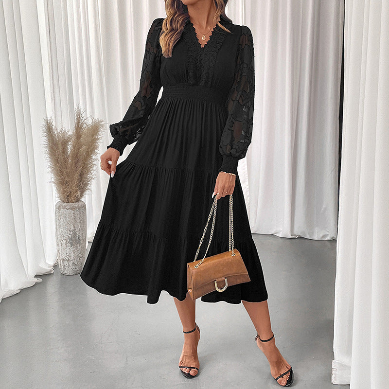 Women's Waist Lace Long Sleeve Solid Color Dresses