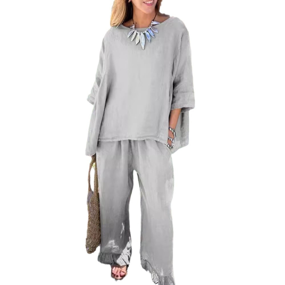 Women's Cotton Linen Solid Color Loose Trousers Fashion Casual Suit