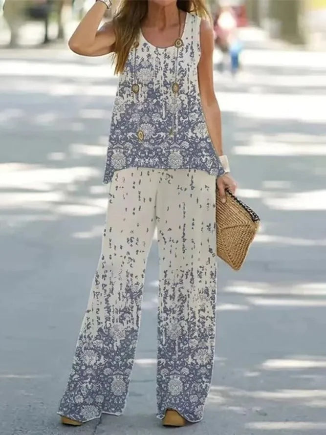 Women's Color Printed Casual Sleeveless T-shirt Trousers Suits