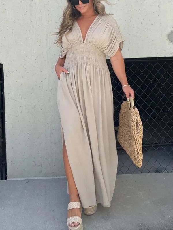 Solid Color Bat Sleeve Elastic Waisted Slimming Dresses