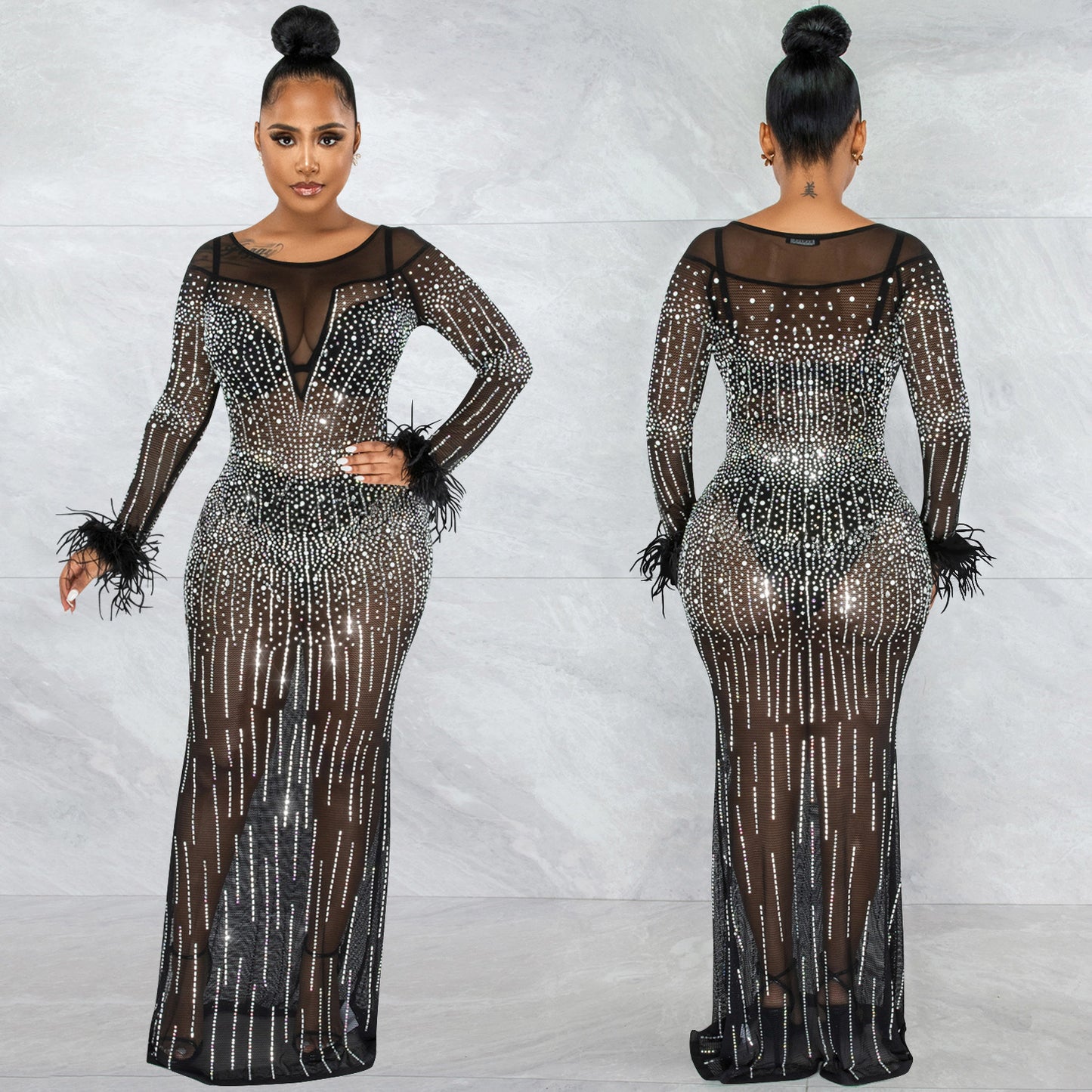 Women's Fashion Nightclub Party Hot Drilling Mesh Dresses
