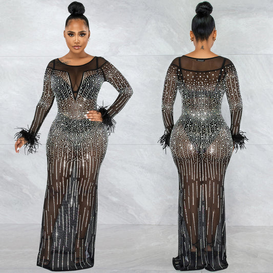 Women's Fashion Nightclub Party Hot Drilling Mesh Dresses