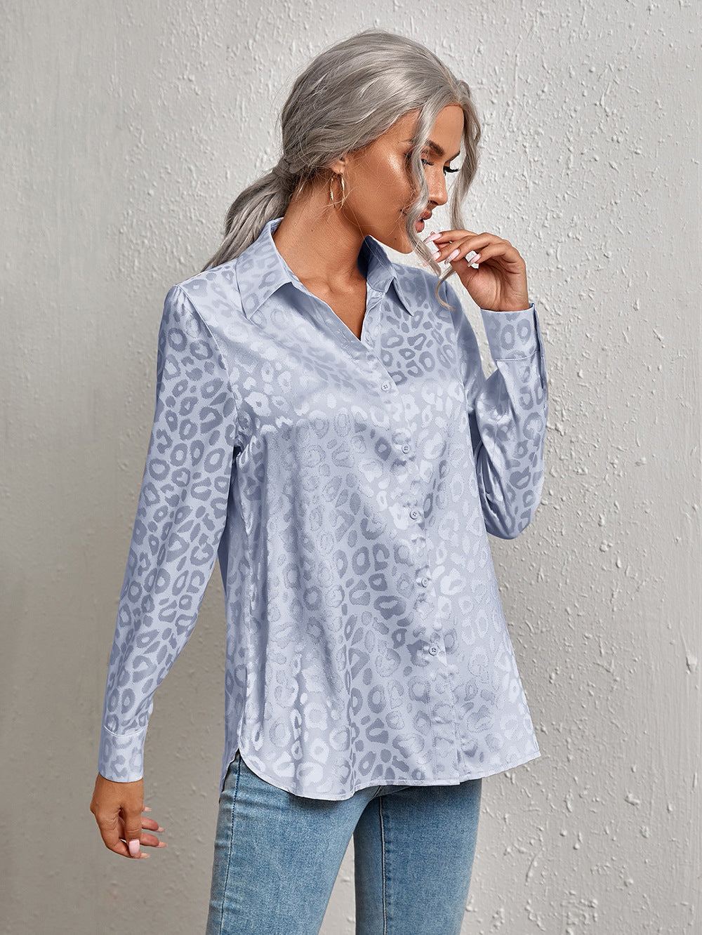 Women's Lapel Open Button Leopard Jacquard Shirt Temperament Blouses