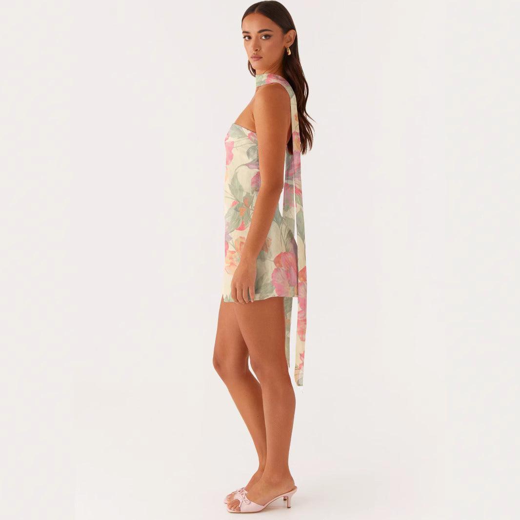 Women's Summer Halter Ribbon Printed Tube High Dress