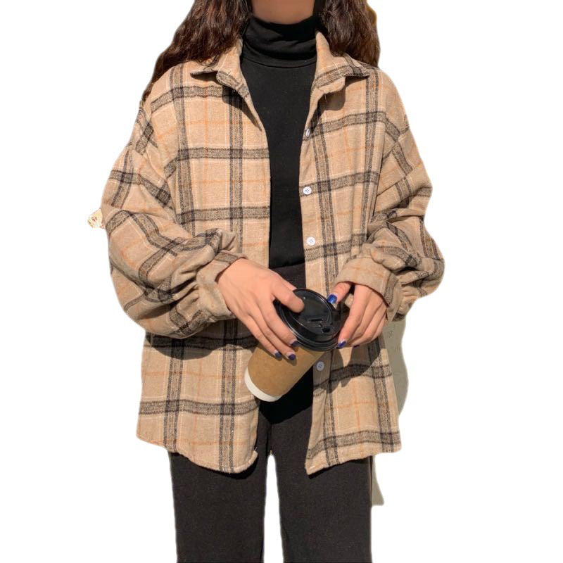 Women's Retro Style Plaid Long-sleeved Shirt Autumn Blouses