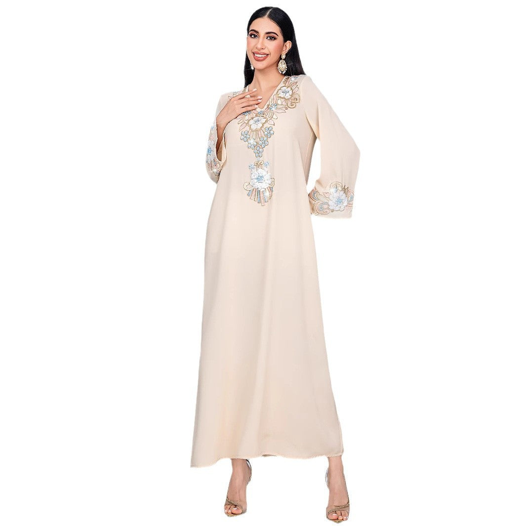 Apricot Loose Casual Three-dimensional Flower Embroidered Dresses