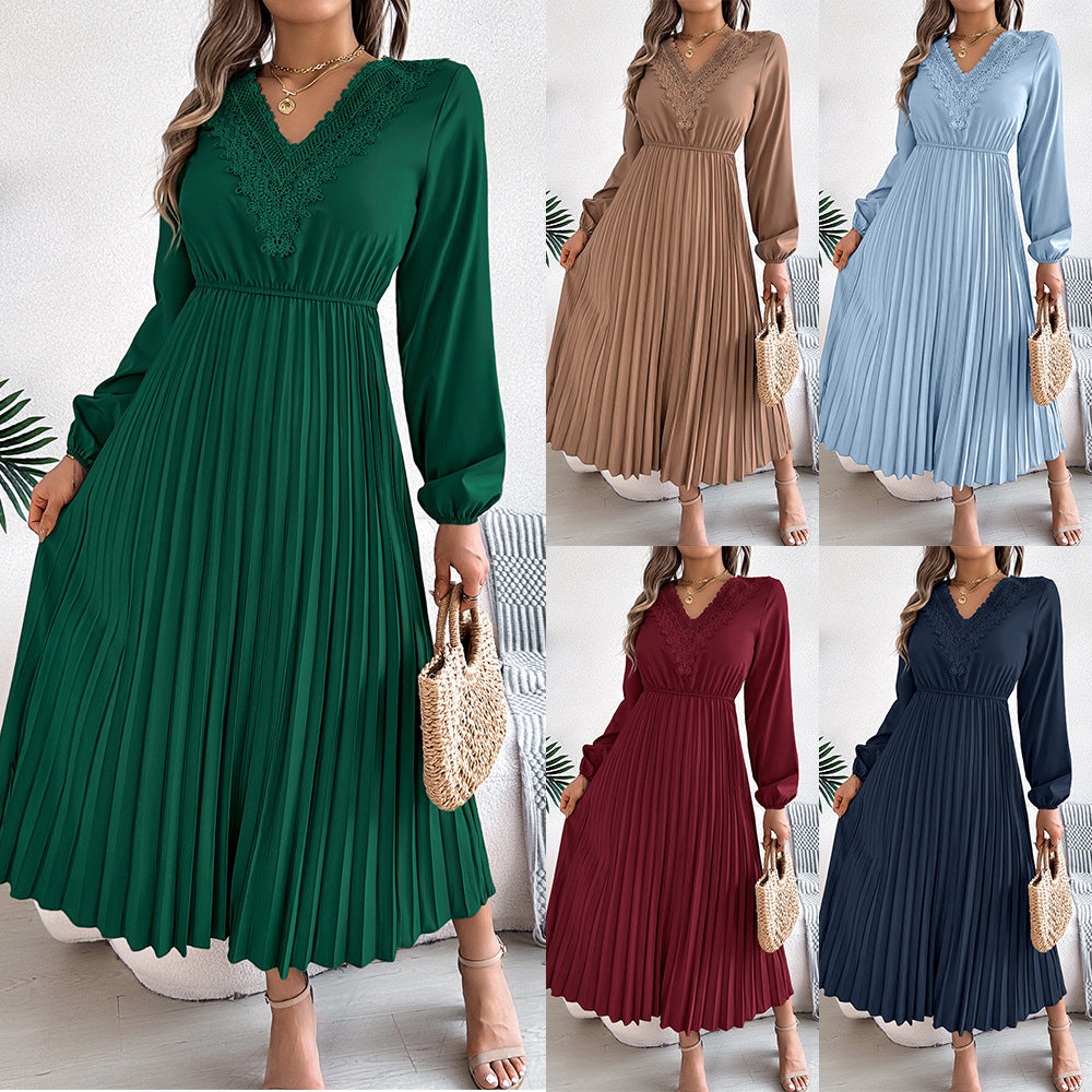 Women's Elegant Graceful Lace Cinched Pleated Long Dress