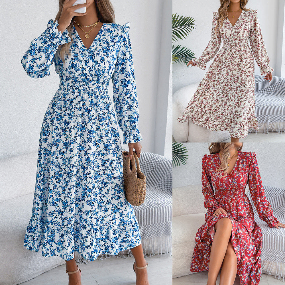 Women's Elegant Floral Cross Waist Trimming Ruffles Dress