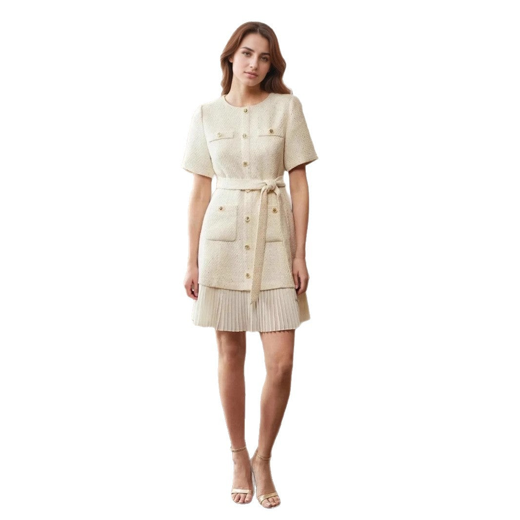 Retro Crew Neck Tweed Breasted Waist Dresses