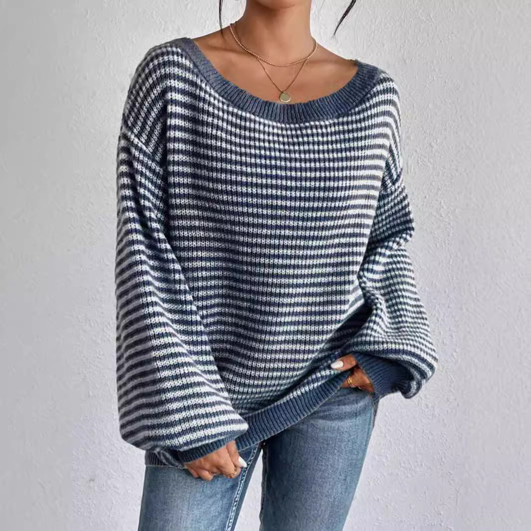 Women's Loose Contrast Color Striped Lantern Sleeve Sweater