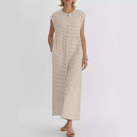 Women's Simple Loose Striped Sleeveless Wide Leg Jumpsuits
