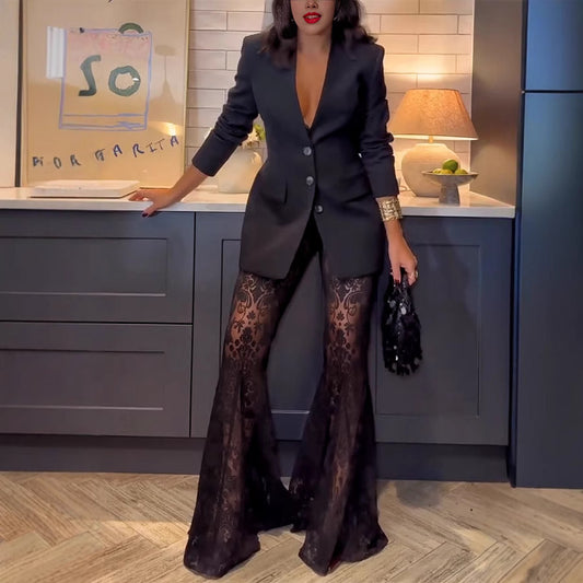Women's Long Sleeve Casual Loose Lace Two-piece Suits