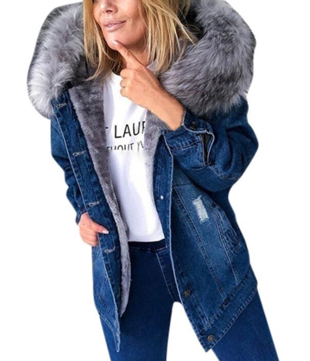 Women's Cashmere Fur Collar Thickened Denim Coats