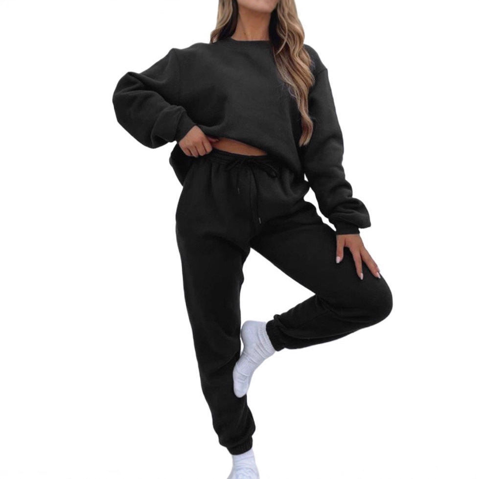 Women's Solid Color Round Neck Long-sleeved Pullover Trousers Suits