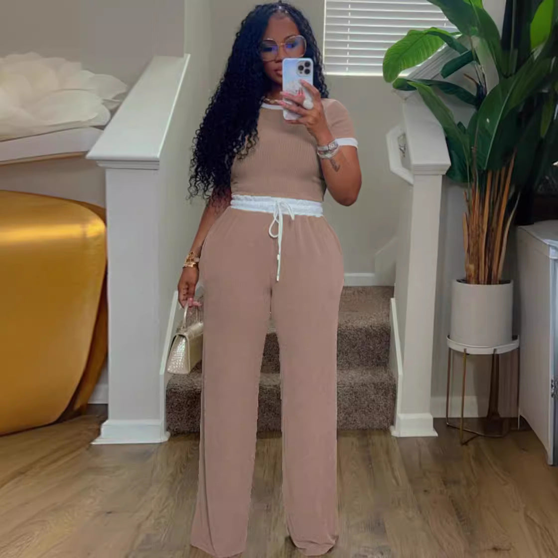 Women's Casual Daily Rib Contrast Color Round Neck Suits