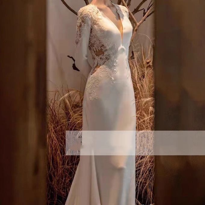 Neck Lace Long Sleeve Satin Slim Wedding Dresses