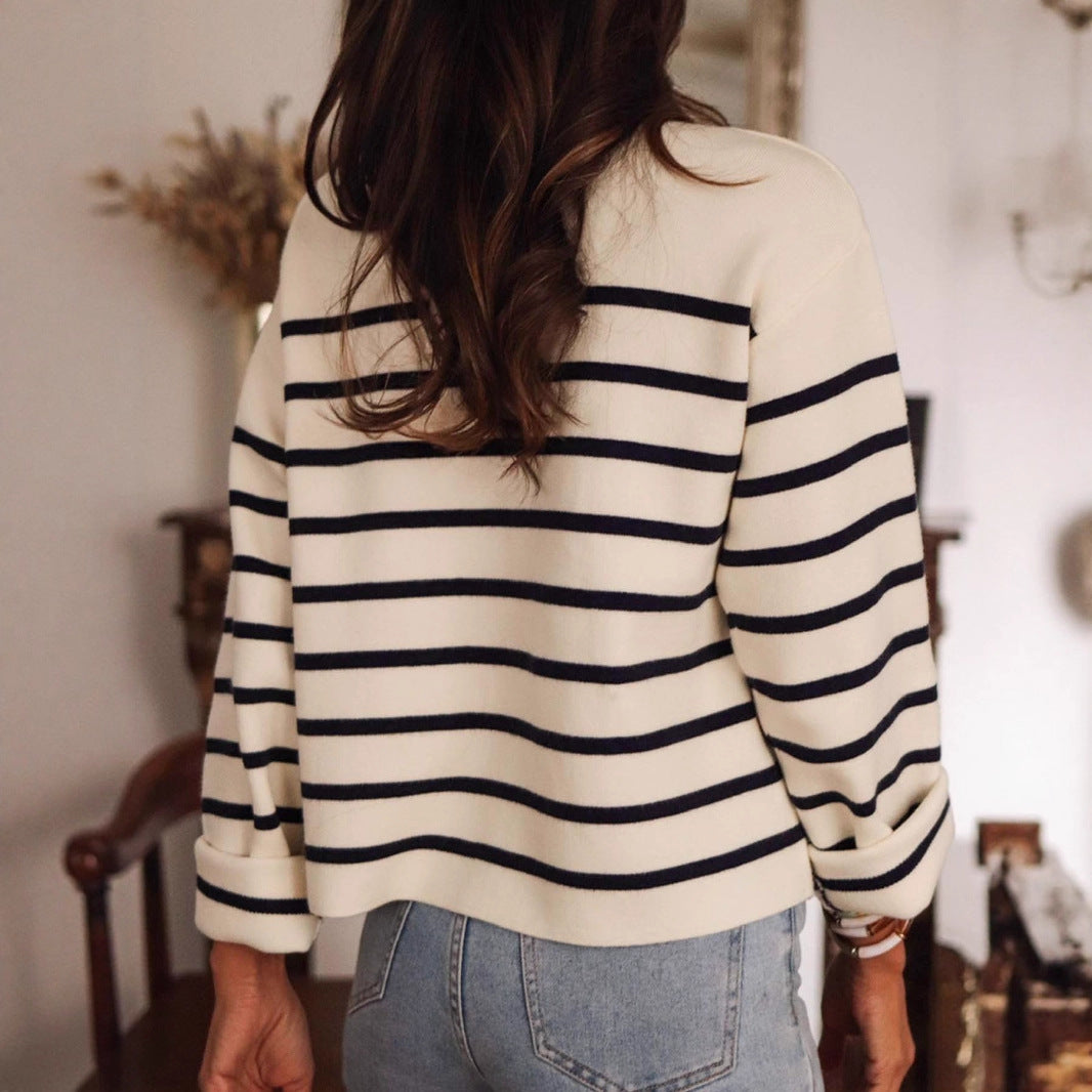 Women's Black White Striped Button Knitted Casual Sweater
