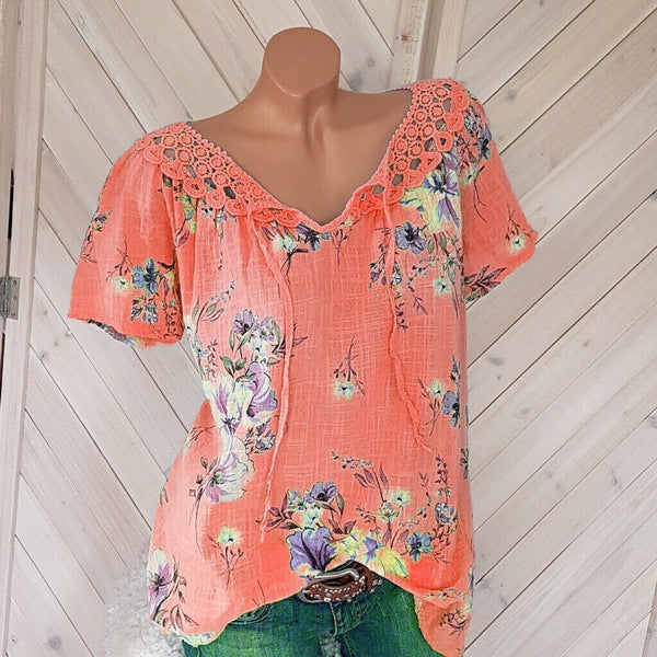 Glamorous Summer Lace Printed Short-sleeved T-shirt Tops