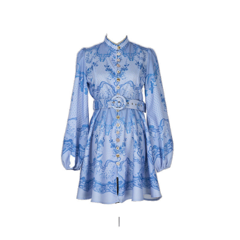 Design High Version Single-breasted Stand-up Collar Puff Sleeve Dresses