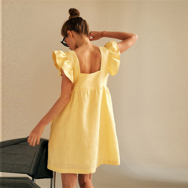 Women's Yellow Midi Dress Fashion Commuter Flying Sleeves Dresses