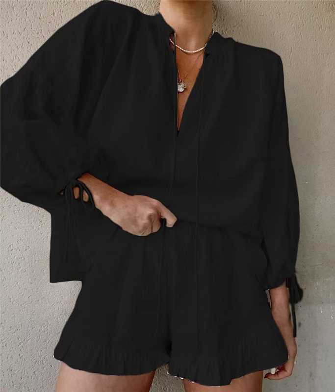 Linen Solid Color Loose Lantern Sleeve Two-piece Summer Suits