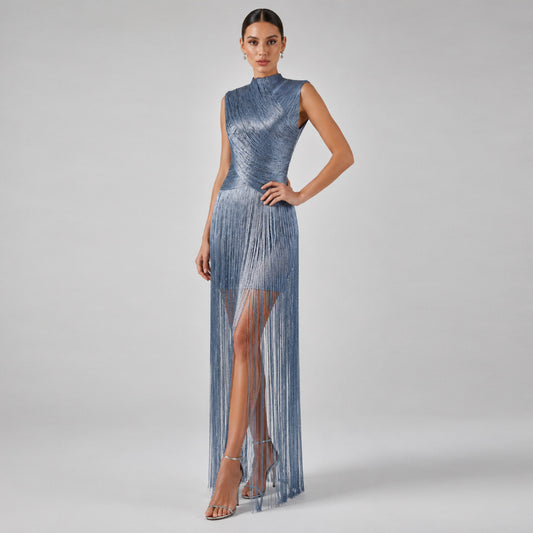 Women's Sleeveless Sier Tassel Bandage Banquet Party Dress