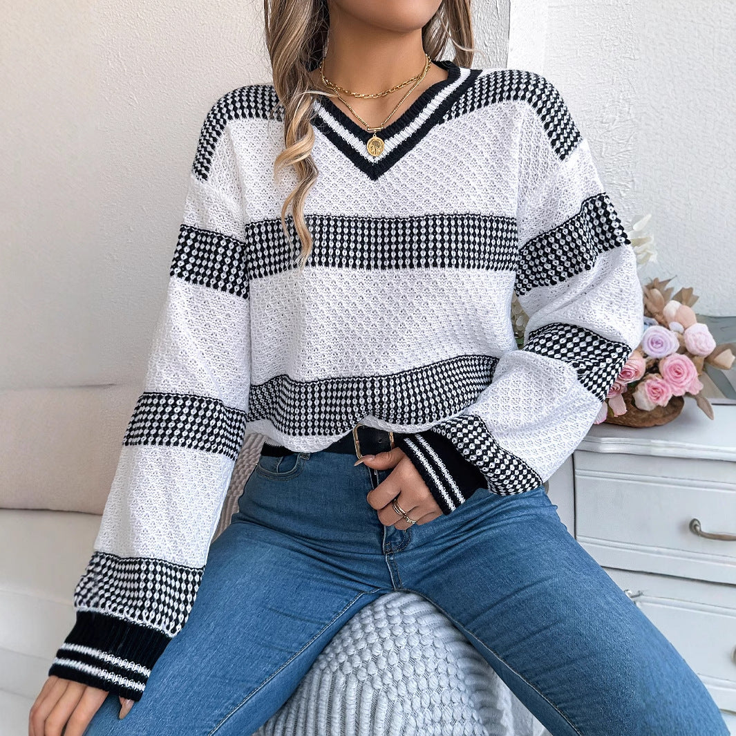 Women's Contrast Color Striped Lantern Long Sleeve Sweater