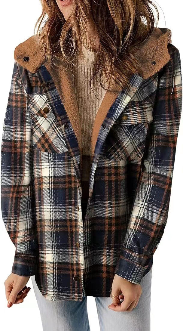 Women's Long-sleeved Plaid Woolen Hooded Lamb Wool Sweaters