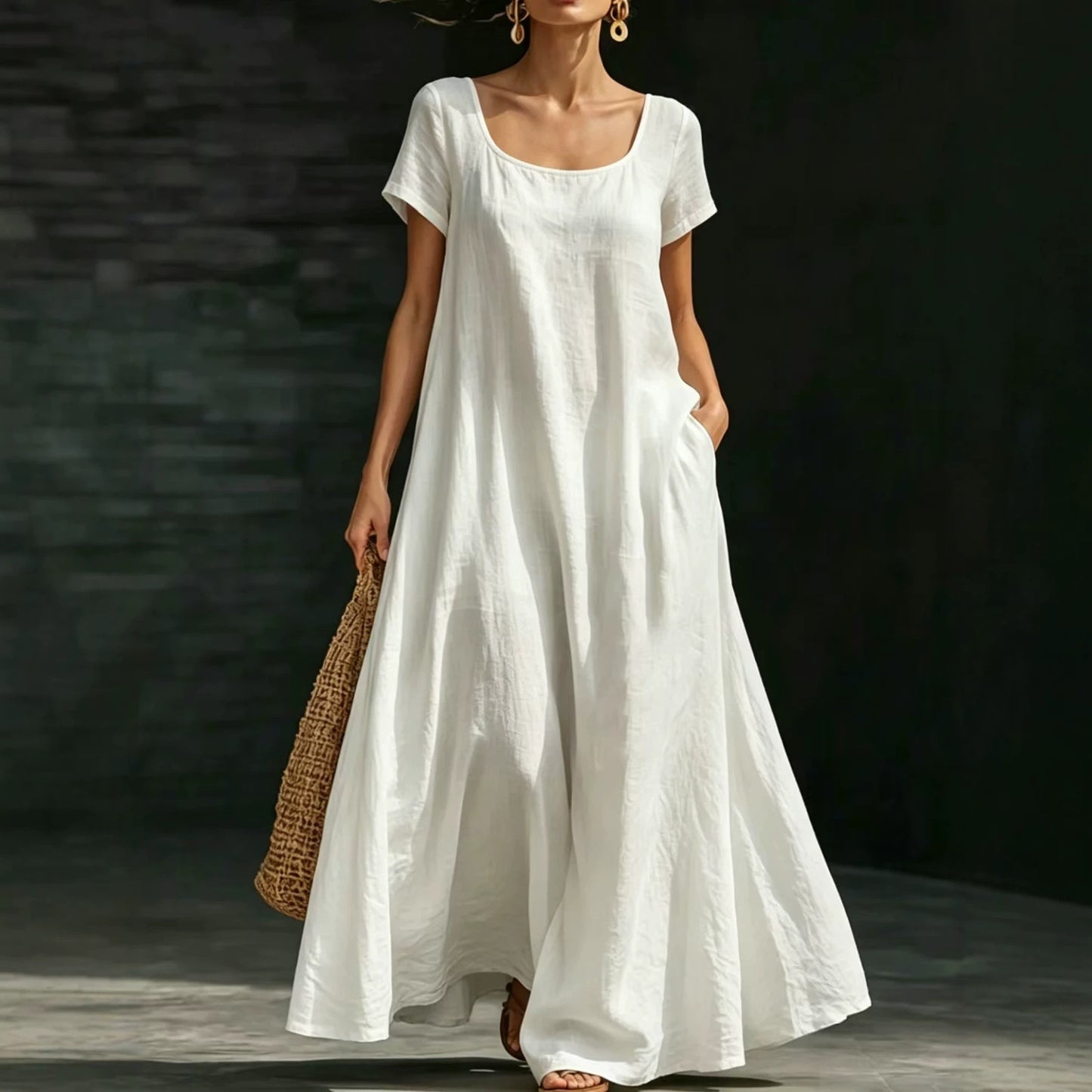 Women's Summer Collar Sleeve Loose Swing Casual Solid Dress
