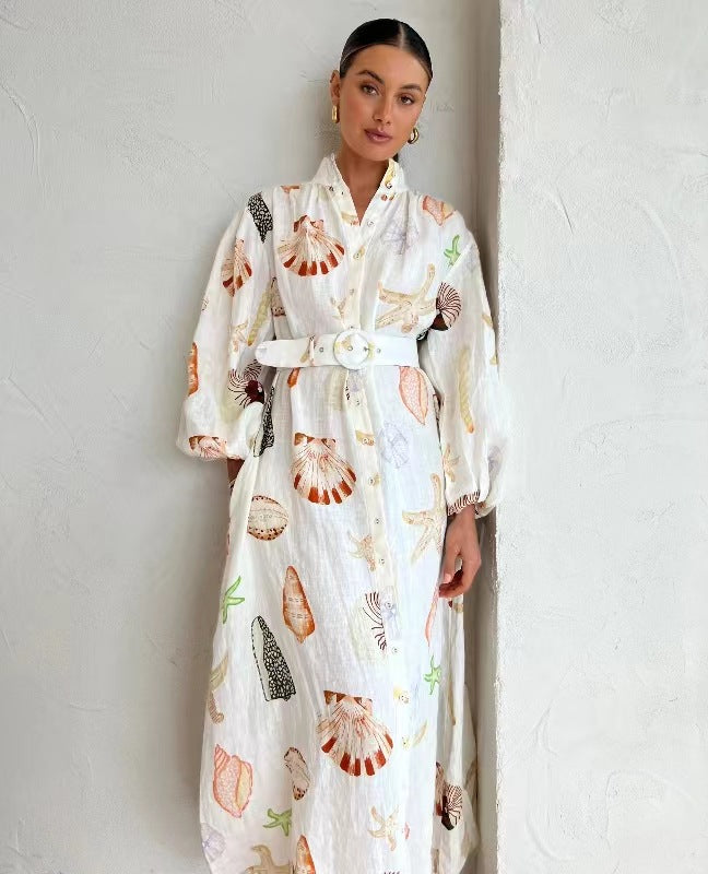 Long Casual Lantern Sleeve Fashion Printing Dress