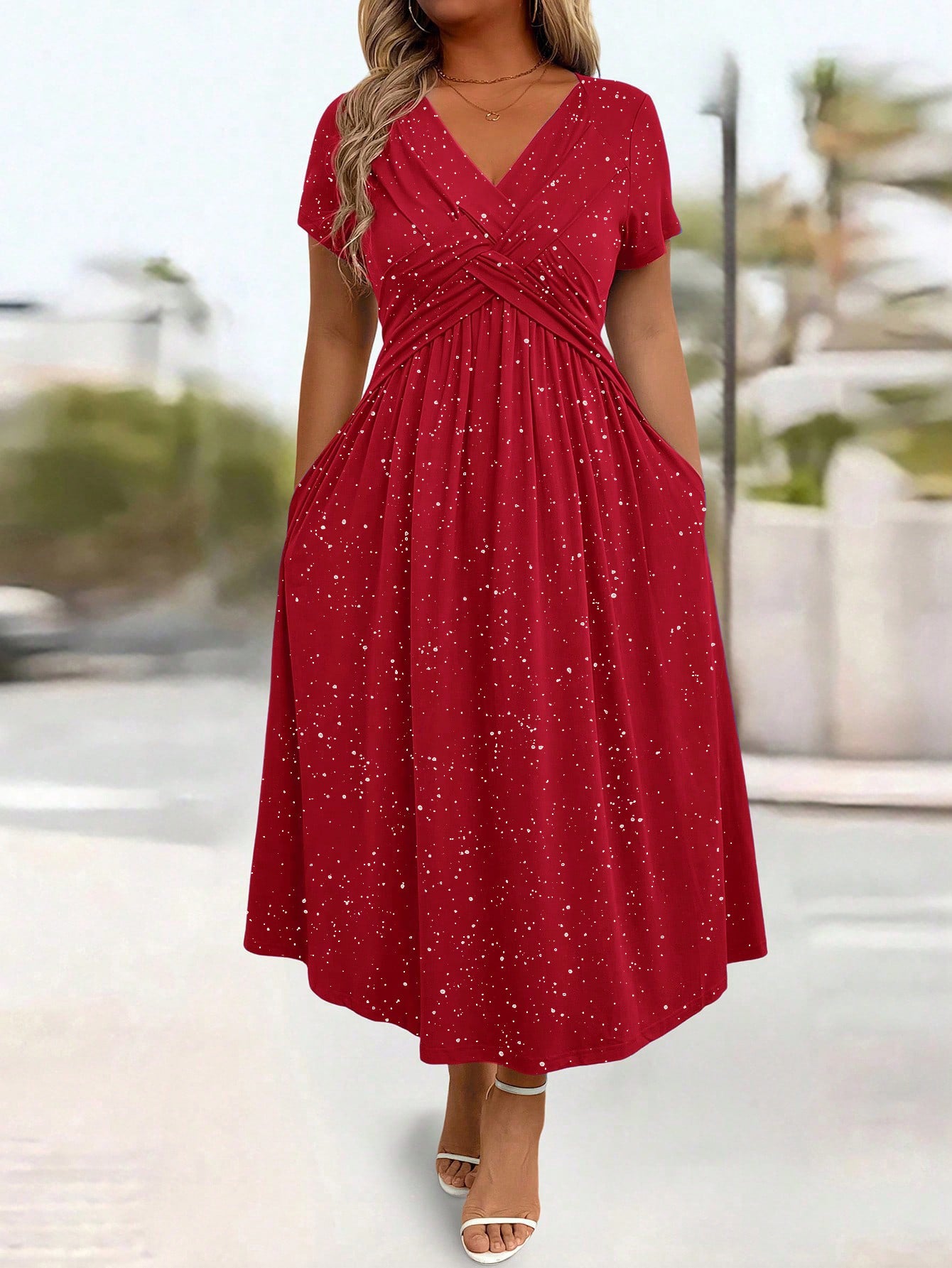 Women's Dusting Powder Shiny Twisted Sleeve With Dress