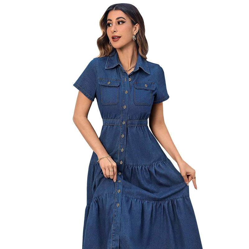Women's Lapel Button Long Pocket Sleeve Pattern Dresses