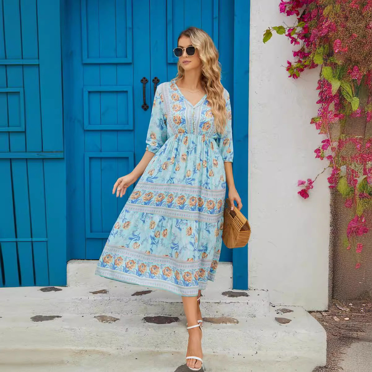 Women's Floral High Waist Bohemian Long A- Dress