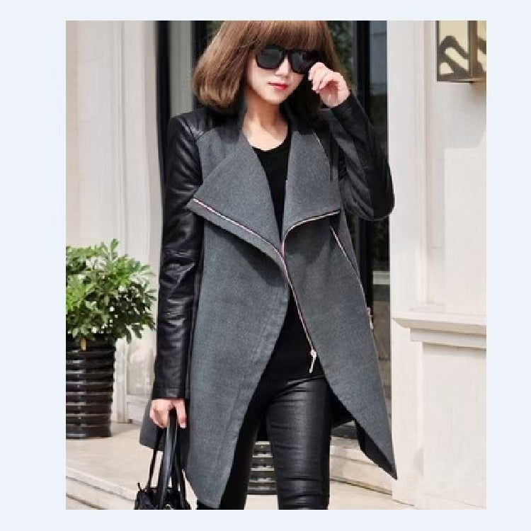 Mid-length Large Stitching Leather Sleeve Woolen Coats