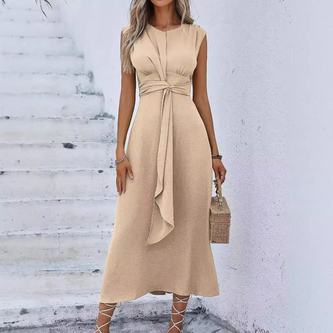 Women's Refreshing Stylish Solid Color Waist Tight Long Dress