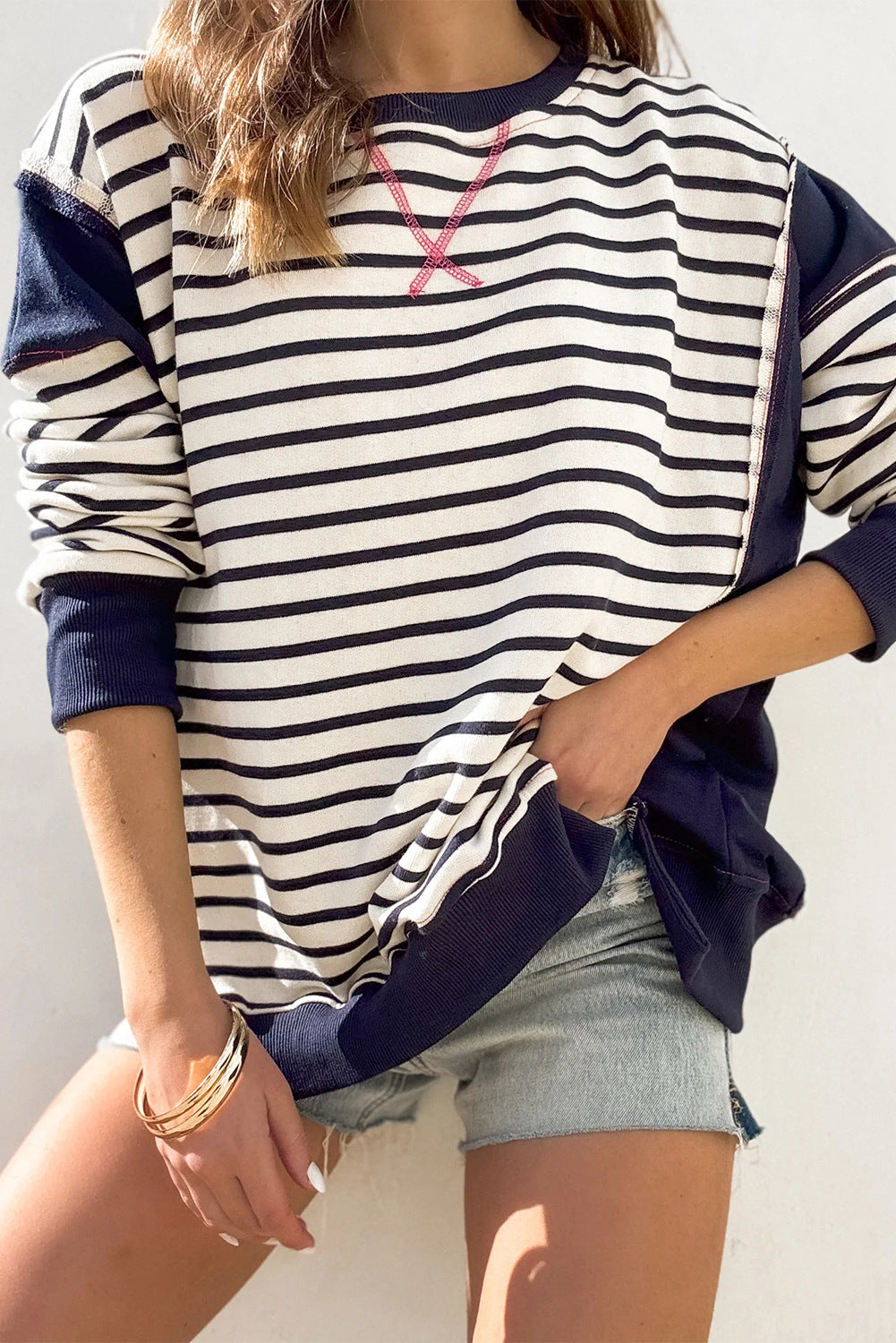 Women's Striped Contrast Color Long Sleeves T-shirt Blouses