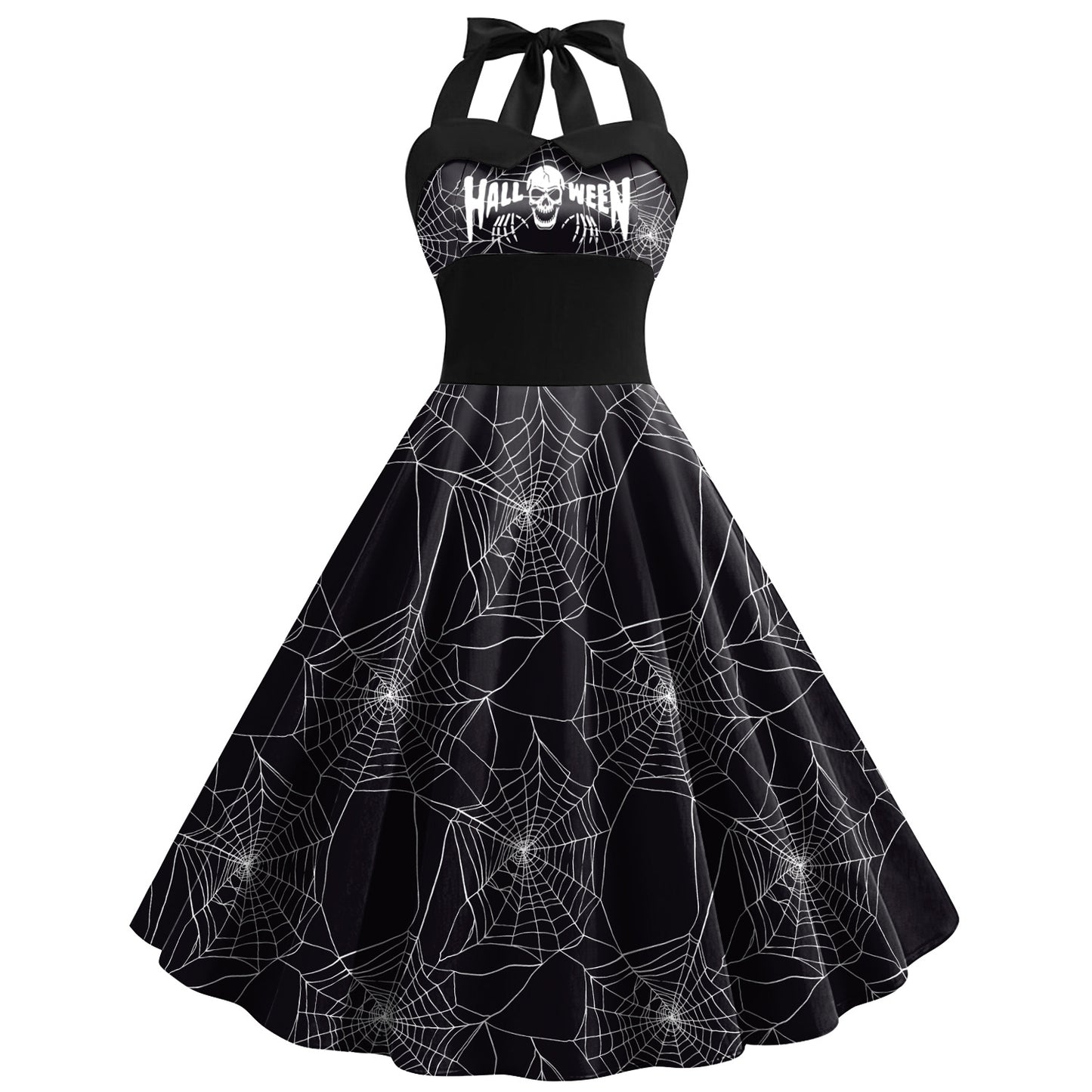 Women's Skull Cobweb Printed Tied Shoulder Strap High-waisted Dress