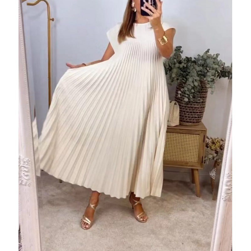 Women's Fashion Round Neck Sleeveless Pleated Dress Dresses